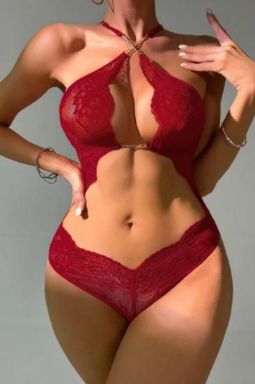 Bordo Boyundan Askılı Zincirli Dantel Babydoll 16052